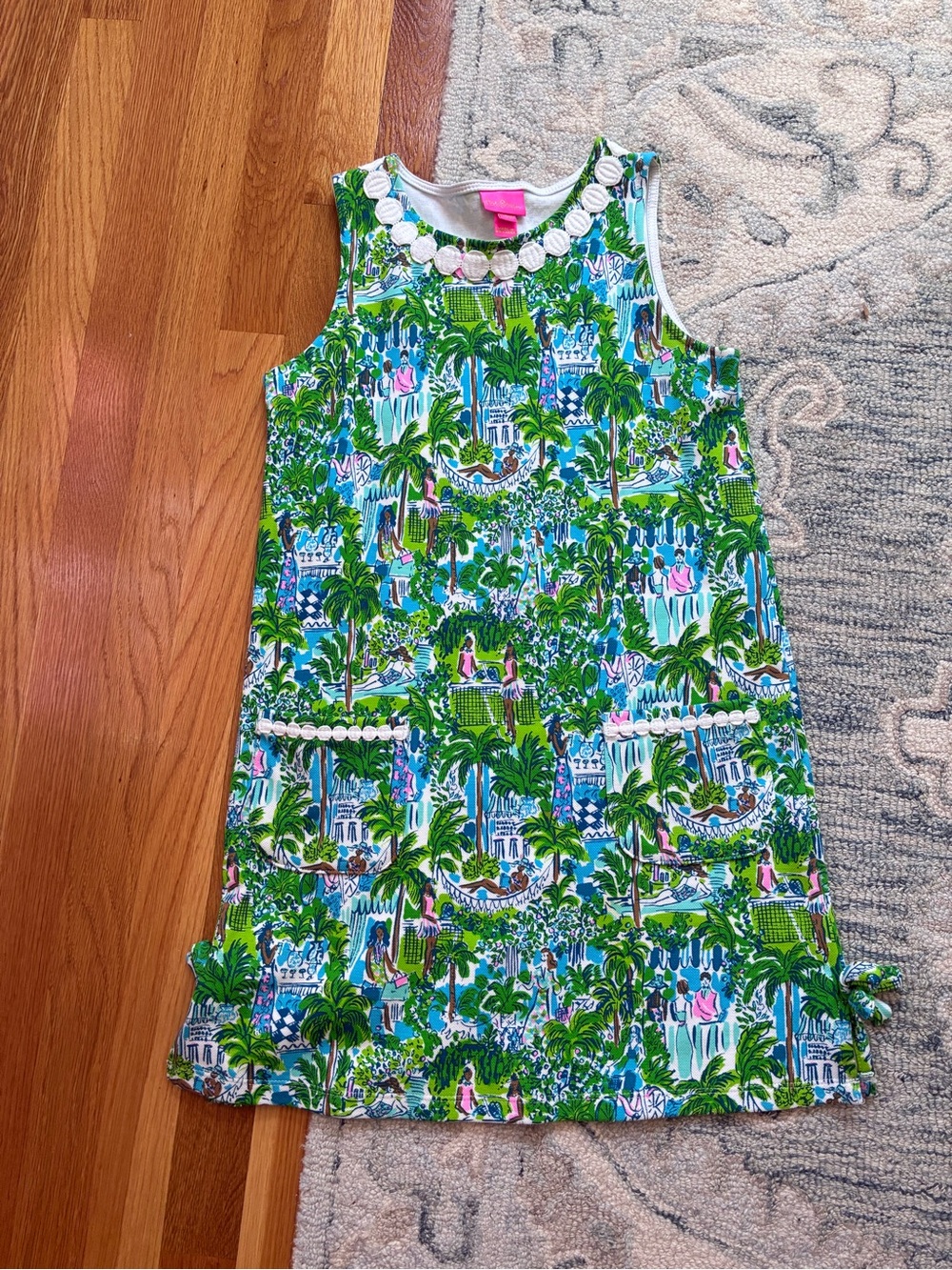 Lilly Pulitzer Girls' Green Tropical Print Shift Dress with White Trim